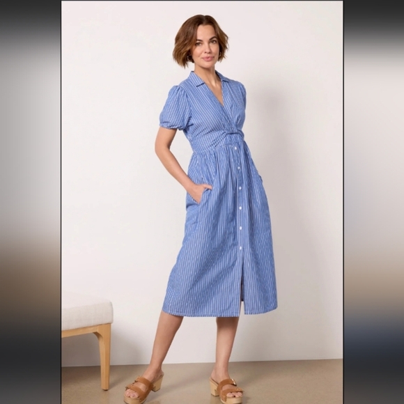 Stateside Cotton Made In USA Coastal Nautical Pinstripe Twist Top Button Up Maxi - Picture 2 of 9